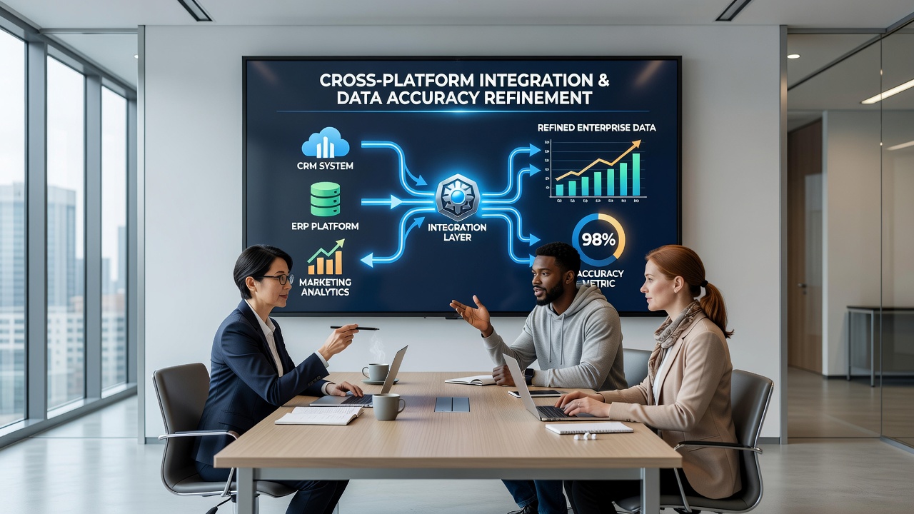 Analytics dashboard displaying enterprise data accuracy metrics before and after cross-platform integration